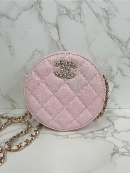 Chanel 22S Round Clutch with Chain in Pink Caviar and Crystals Studded Logo