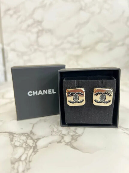 Chanel Gold Square CC Logo Earrings