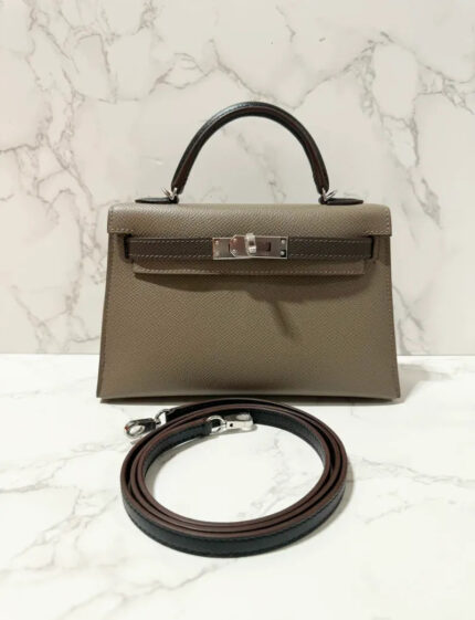 Hermes Mini Kelly 2 Epsom PHW Etoupe / Ecorce  / Noir